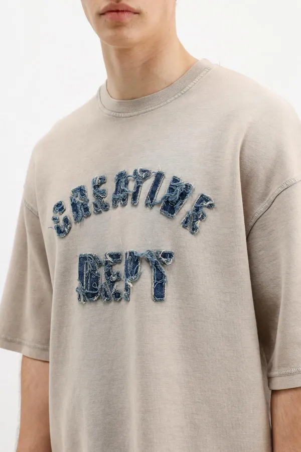 Yıkamalı Yazı Baskılı Oversize Tişört Bej