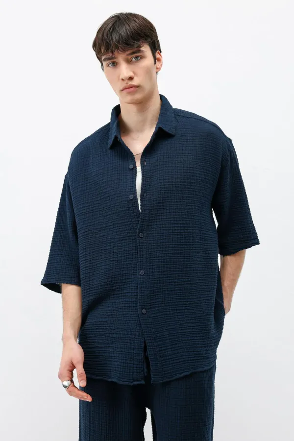 Müslin Kumaş Rahat Kalıp Keten Takım Lacivert