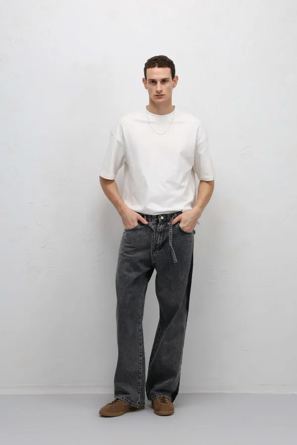 Jean baggy rayé gris avec ceinture