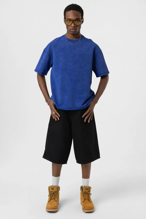 Yıkamalı Basic Oversize Tişört Saks