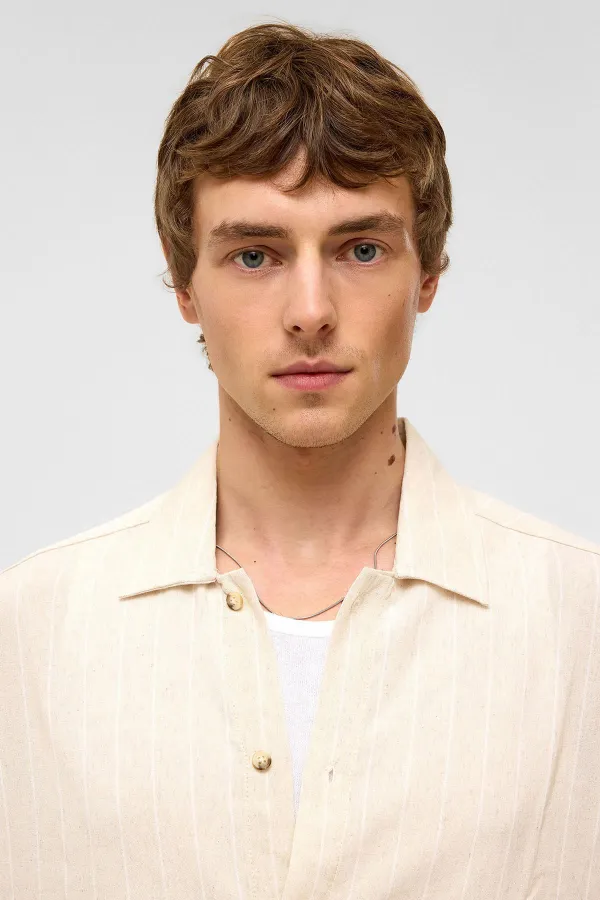 Oversize Long-Sleeved Striped Linen Shirt White