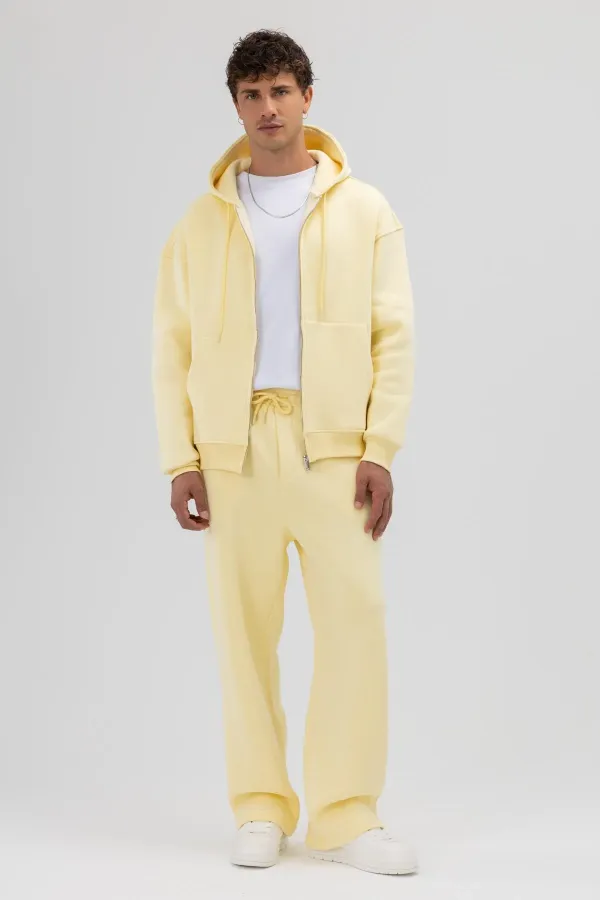 Basic Fermuarlı Oversize Kapüşonlu Sweatshirt Sarı