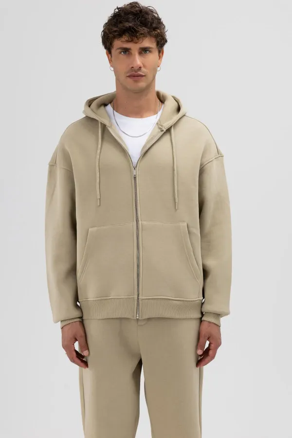 Sweat-shirt à capuche basique oversize zippé kaki