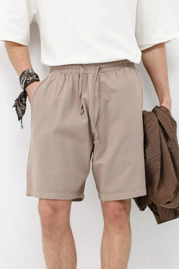 Oversize Keten Şort Taş