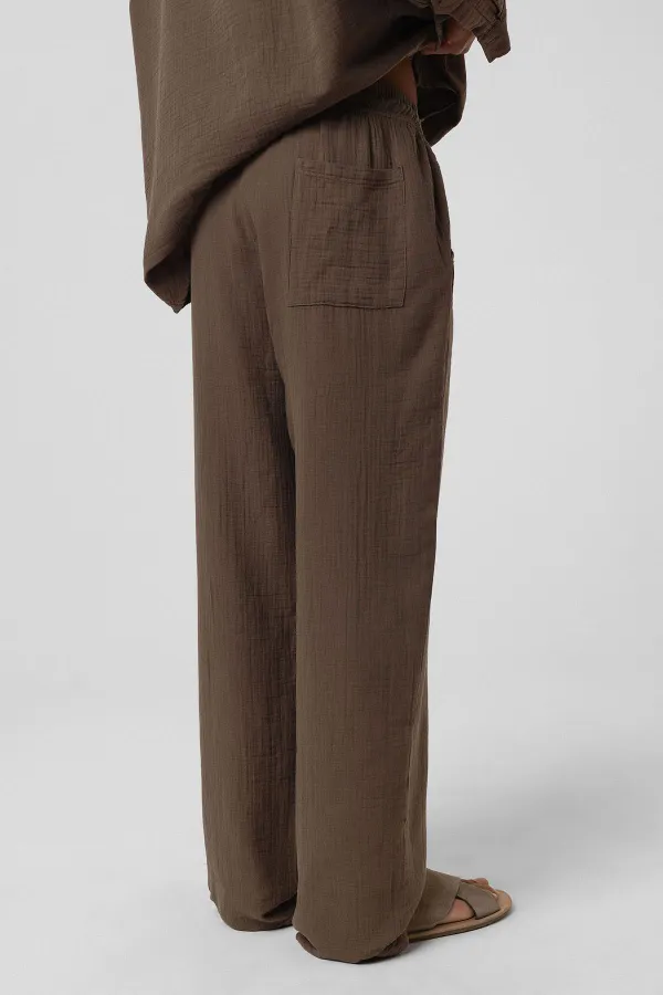Baggy Fit Müslin Keten Pantolon Kahve