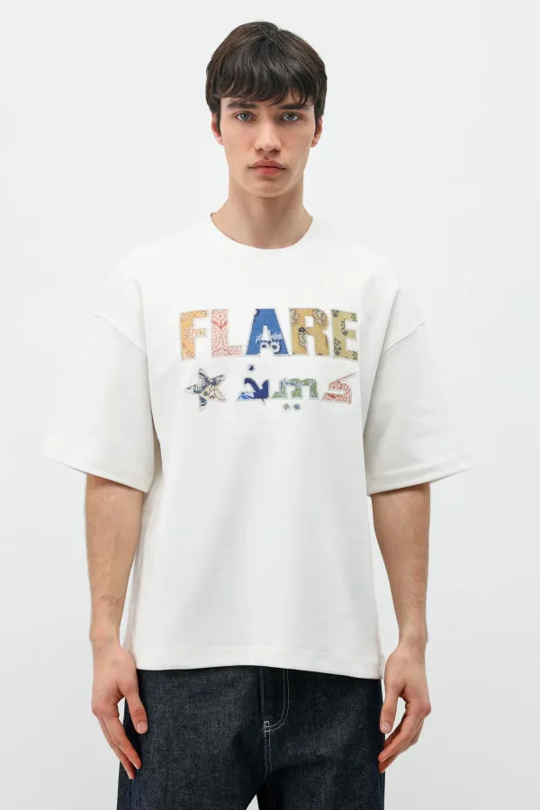 Baskılı Oversize Tişört Ekru