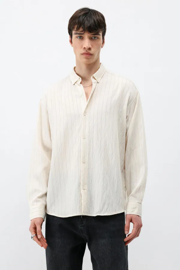 Çizgili Oversize Gömlek Krem