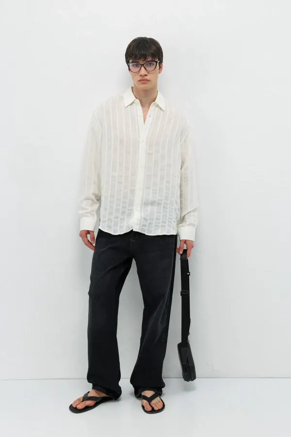 Çizgili Oversize Gömlek Ekru