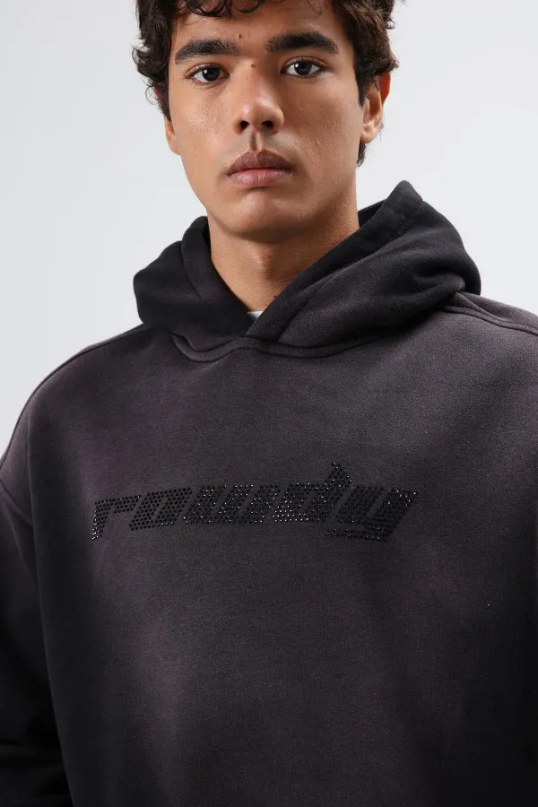 Sweat à capuche noir oversize imprimé et délavé