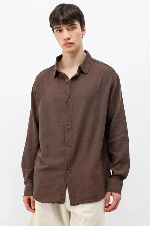 Uzun Kollu Basic Oversize Gömlek Kahve