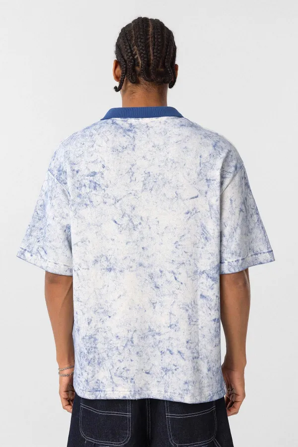 Yıkamalı Oversize Polo Yaka Tişört İndigo