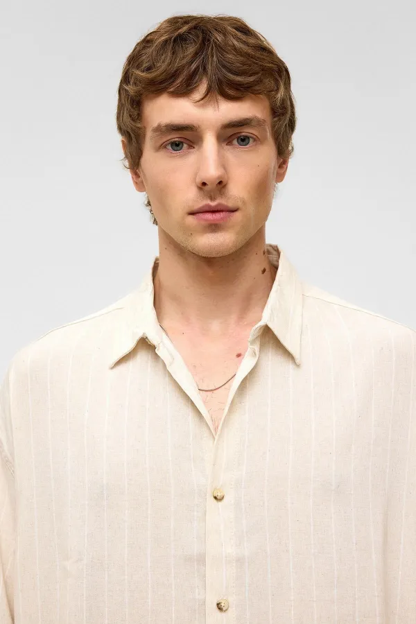 Oversize Çizgili Kısa Kollu Keten Gömlek Beyaz