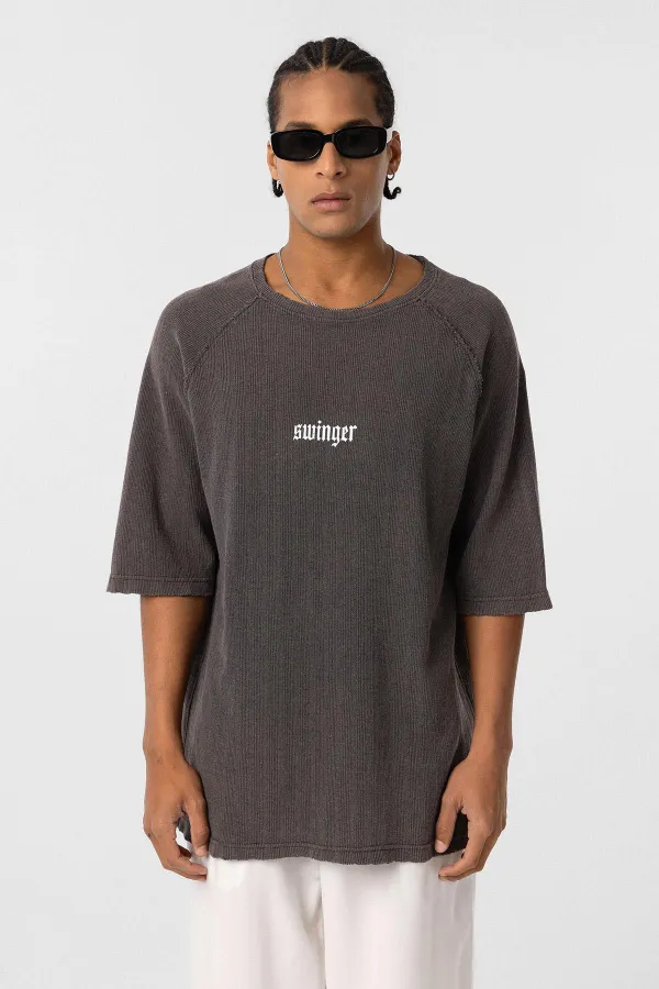 T-shirt oversize en maille imprimée délavée, couleur café