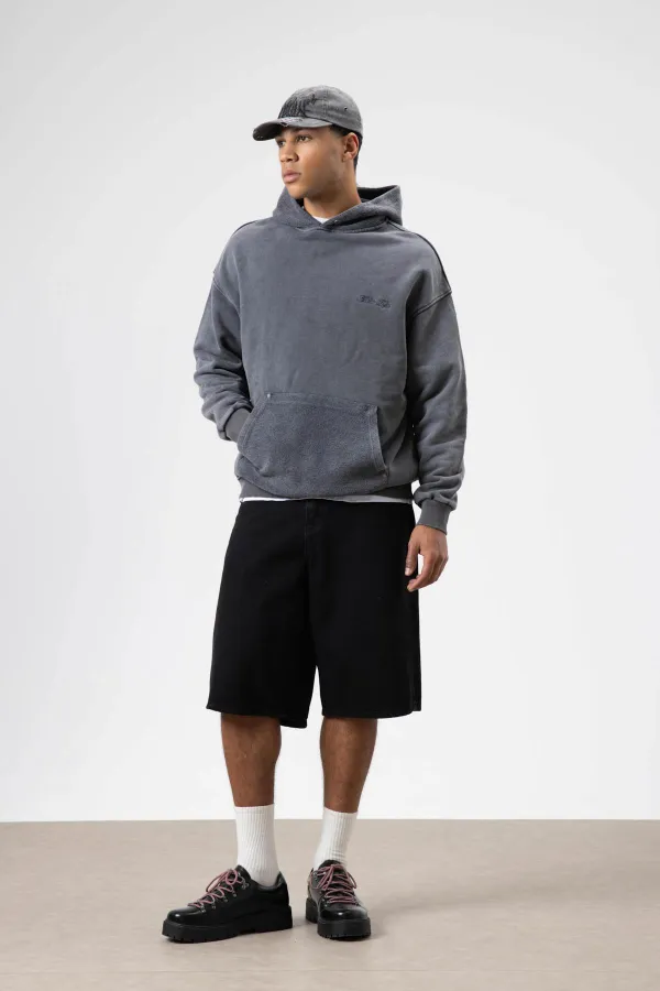 Oversize Washed Print Hooded Sweatshirt Black