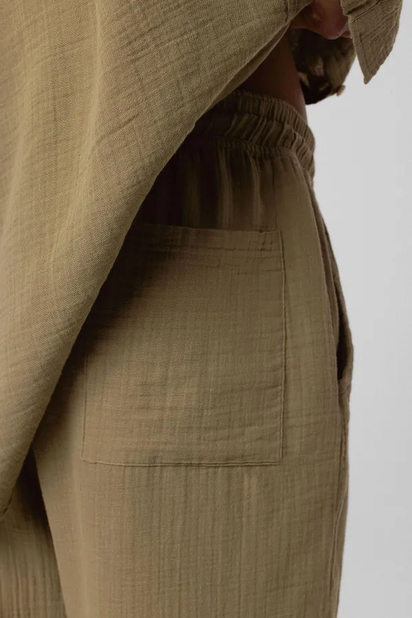 Baggy Fit Muslin Linen Trousers Khaki