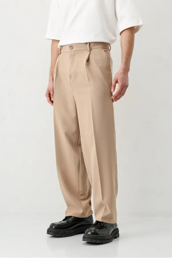 Baggy Fit Pleated Trousers Beige