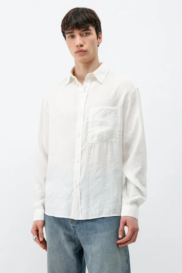 Modal Kumaş Cepli Oversize Gömlek Ekru