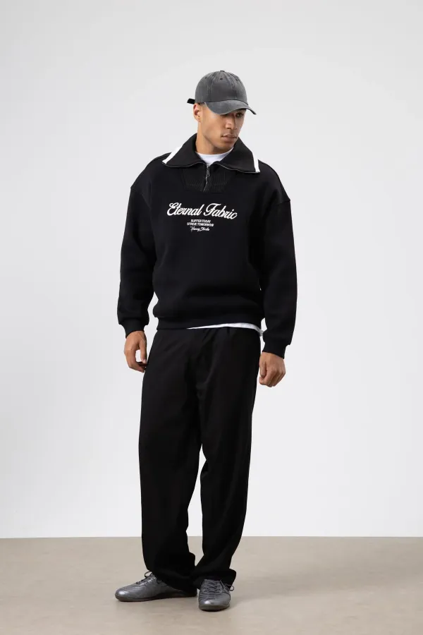 Sweat-shirt noir oversize à col zippé