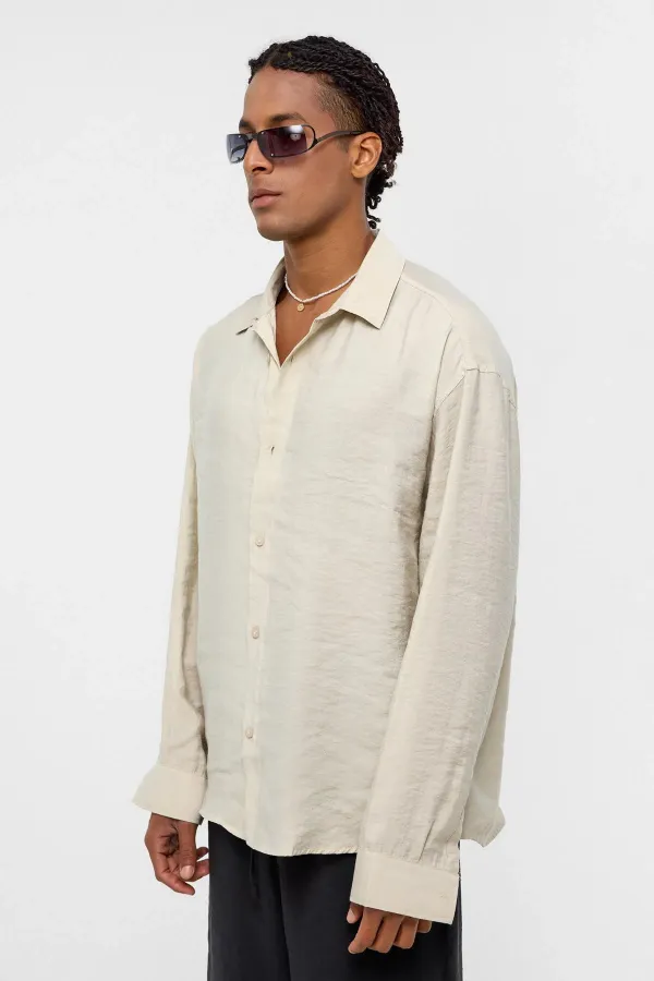 Basic Oversize Long-Sleeve Modal Blend Shirt, Beige