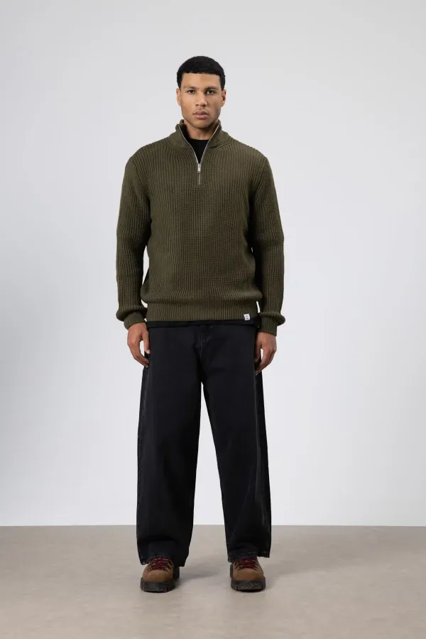 Fermuarlı Örme Triko Kazak Haki