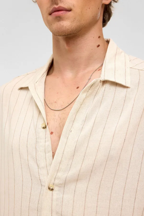 Oversize Uzun Kollu Çizgili Keten Gömlek Vizon