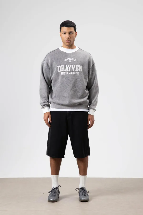 Oversize Bisiklet Yaka Baskılı Sweatshirt Gri