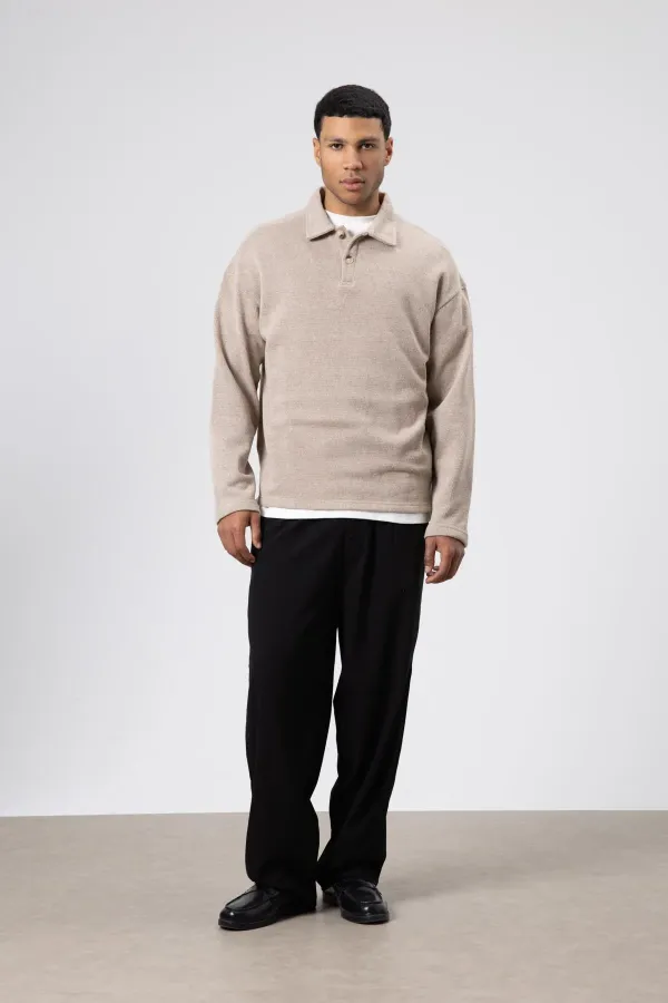 Oversize Polo Yaka Triko Kazak Vizon