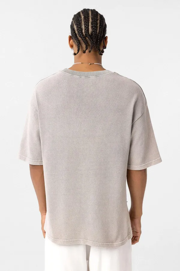 Yıkamalı Oversize Baskılı Tişört Taş