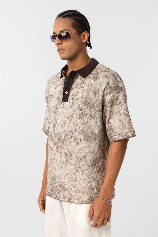 Yıkamalı Oversize Polo Yaka Tişört Kahve