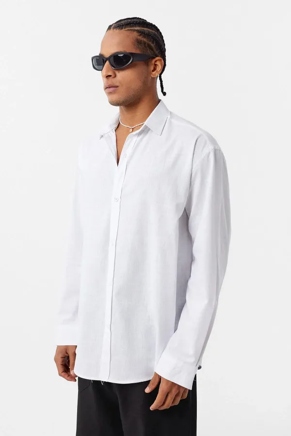 Basic Oversize Pamuk Keten Gömlek Beyaz Basic Oversize Pamuk Keten Gömlek Beyaz