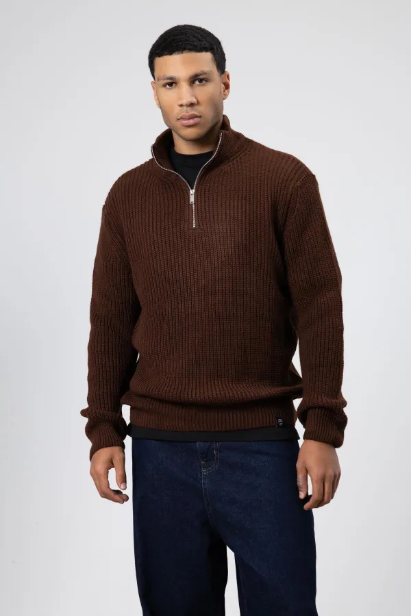 Fermuarlı Örme Triko Kazak Kahve