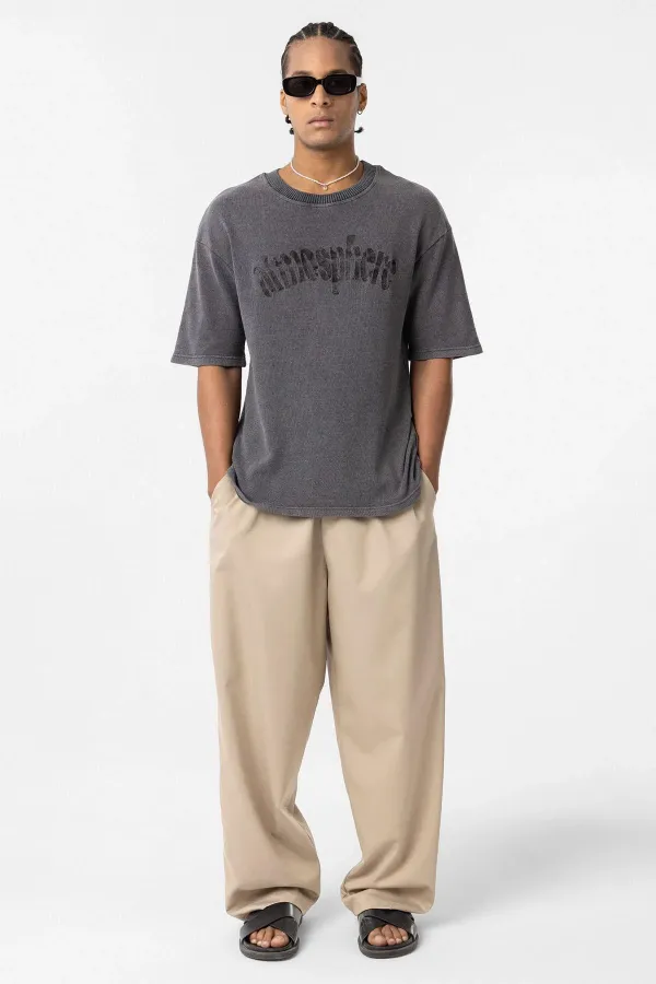 Yıkamalı Oversize Baskılı Tişört Siyah