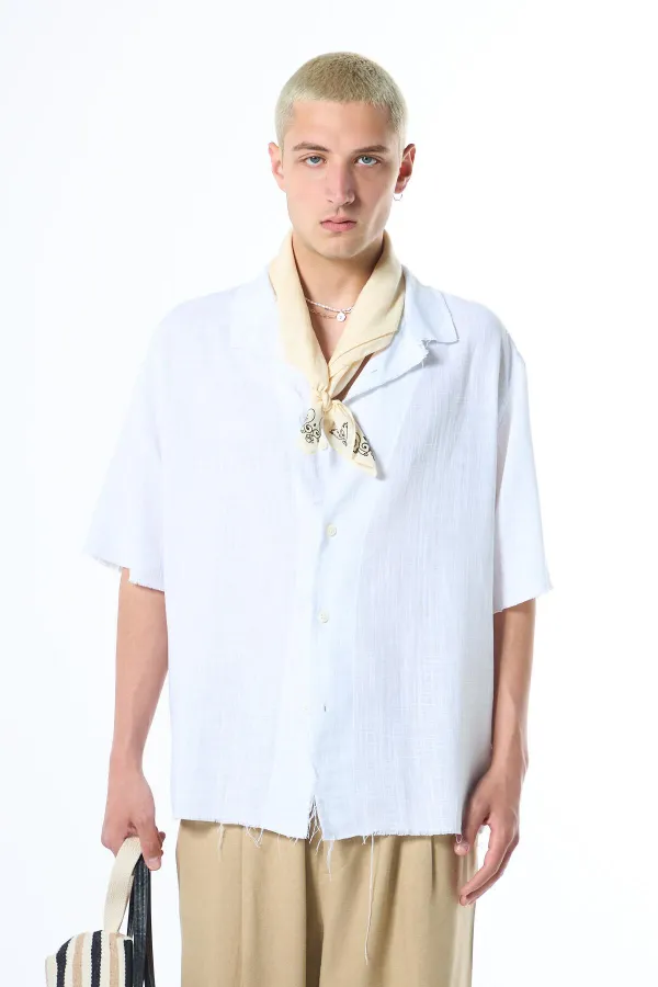 Seamless Short Sleeve Pocketless Oversize Linen Shirt White