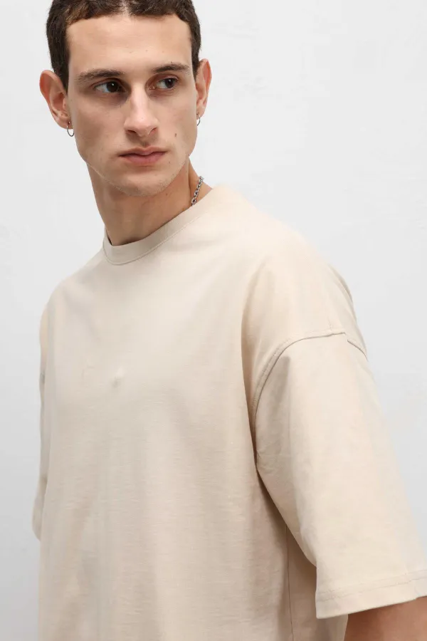 Basic Oversize Bisiklet Yaka Tişört Bej