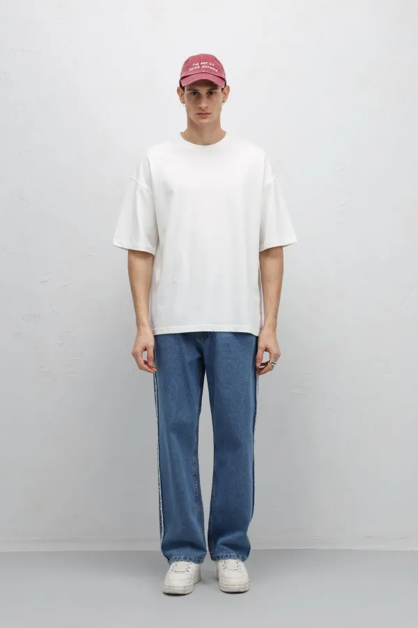 Basic Oversize Bisiklet Yaka Tişört Ekru