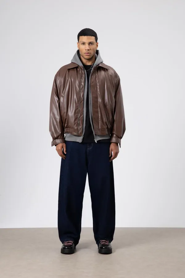 Veste oversize basique en similicuir marron