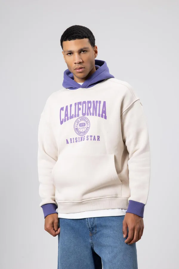 Çift Renk Baskılı Oversize Sweatshirt Taş
