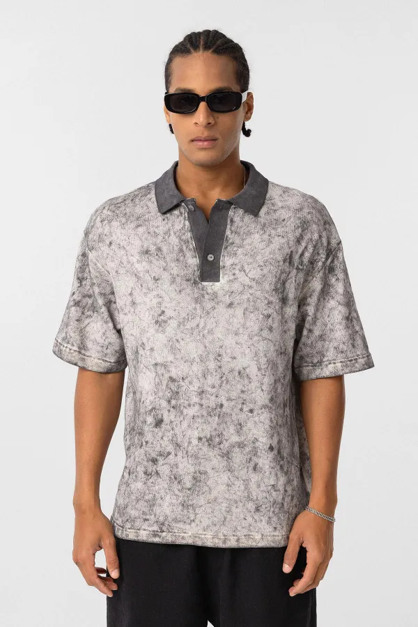 Yıkamalı Oversize Polo Yaka Tişört Siyah