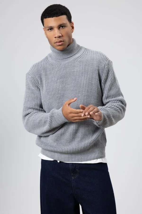 Oversize Triko Boğazlı Kazak Gri Melanj