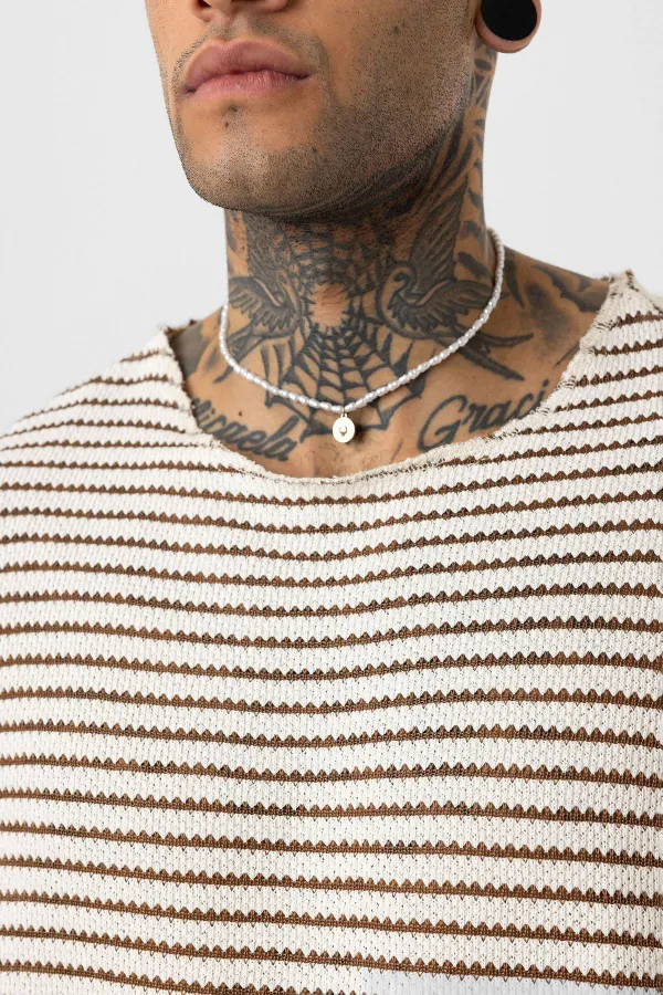 T-shirt rayé oversize en maille, marron