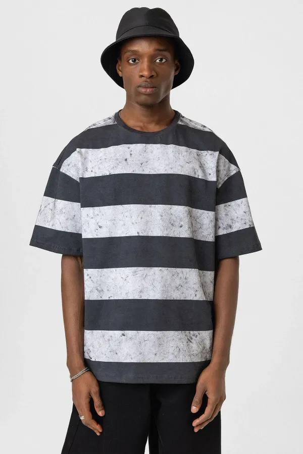 Yıkamalı Şeritli Oversize Tişört Gri - Beyaz