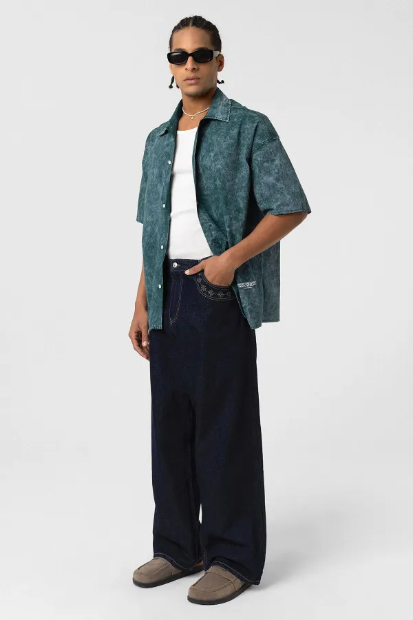 Yıkamalı Yazı Baskılı Oversize Kısa Kol Gömlek Nefti