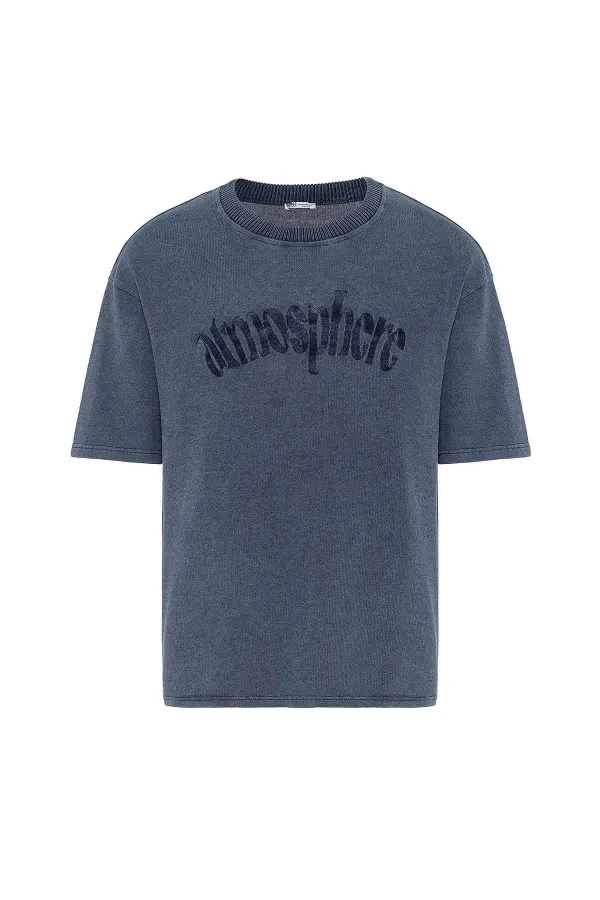 Yıkamalı Oversize Baskılı Tişört İndigo