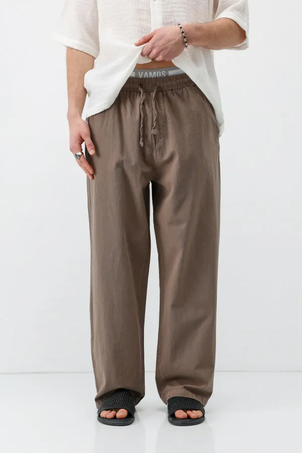 Bel Lastikli Baggy Fit Keten Pantolon Açık Kahve