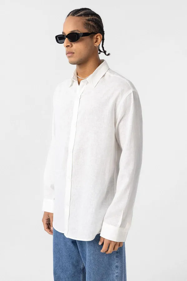Basic Oversize Uzun Kollu Keten Gömlek Naturel