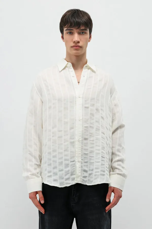 Çizgili Oversize Gömlek Ekru