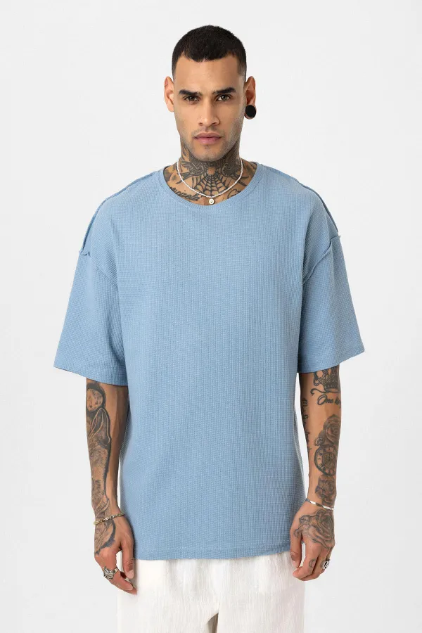 Arka Yazı Baskılı Oversize Triko Tişört Mavi