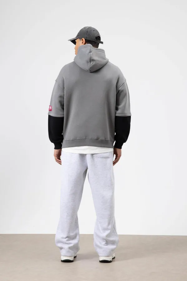 Oversize Baskılı Kapüşonlu Sweatshirt Füme