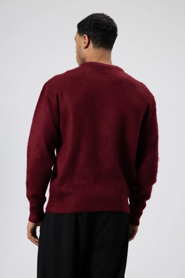 Oversize Yumuşak Dokulu Bisiklet Yaka Kazak Bordo