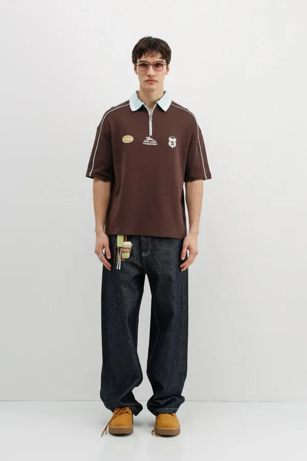 Fermuarlı Yaka Baskılı Oversize Tişört Kahve